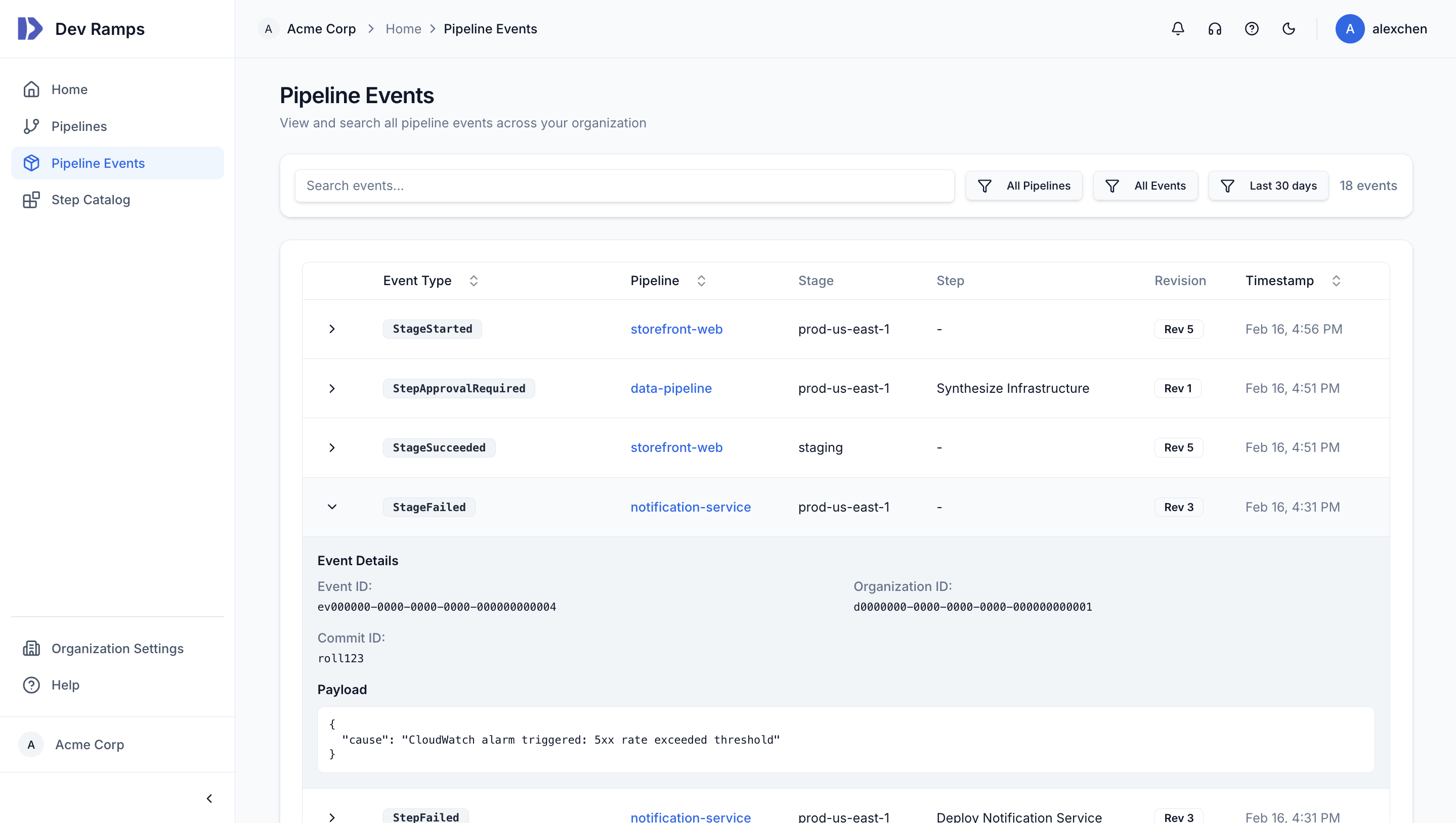 Pipeline events audit log showing deployment events with timestamps, stages, and event details